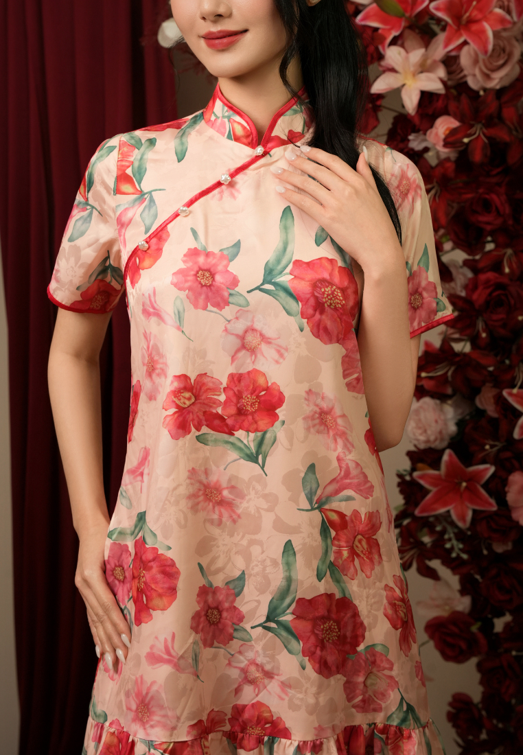 Fen Cai Mandarin Collar Floral with Ruffles Hem Cheongsam Dress (Pink)