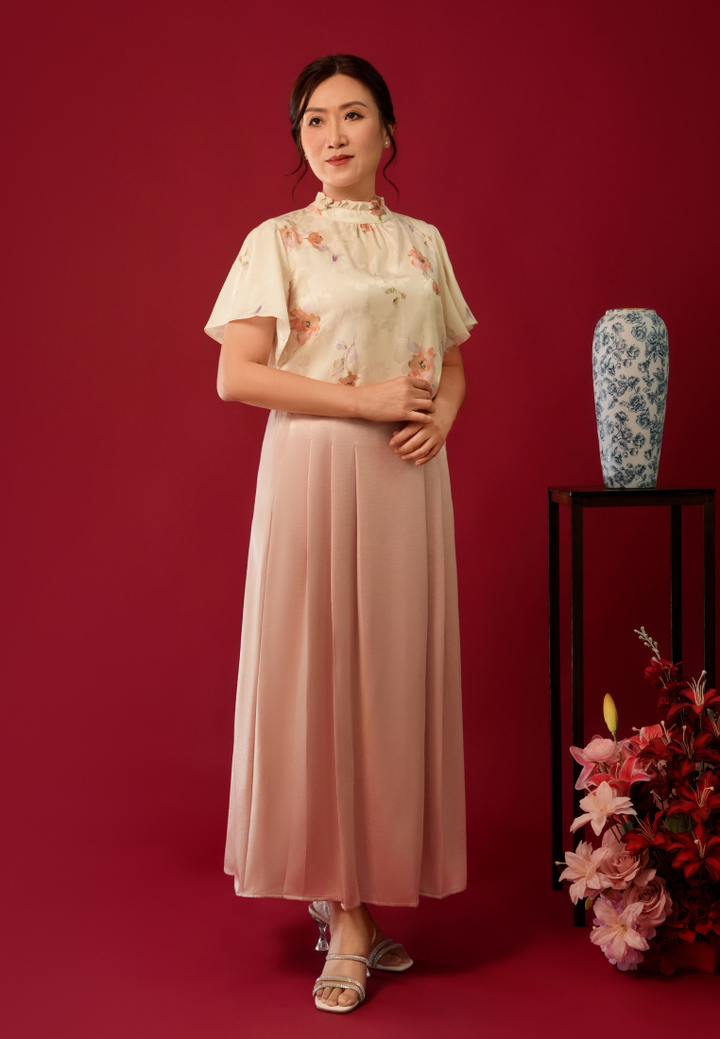 Violetta Ruffle High Neck Silky Floral Top (Yellow)