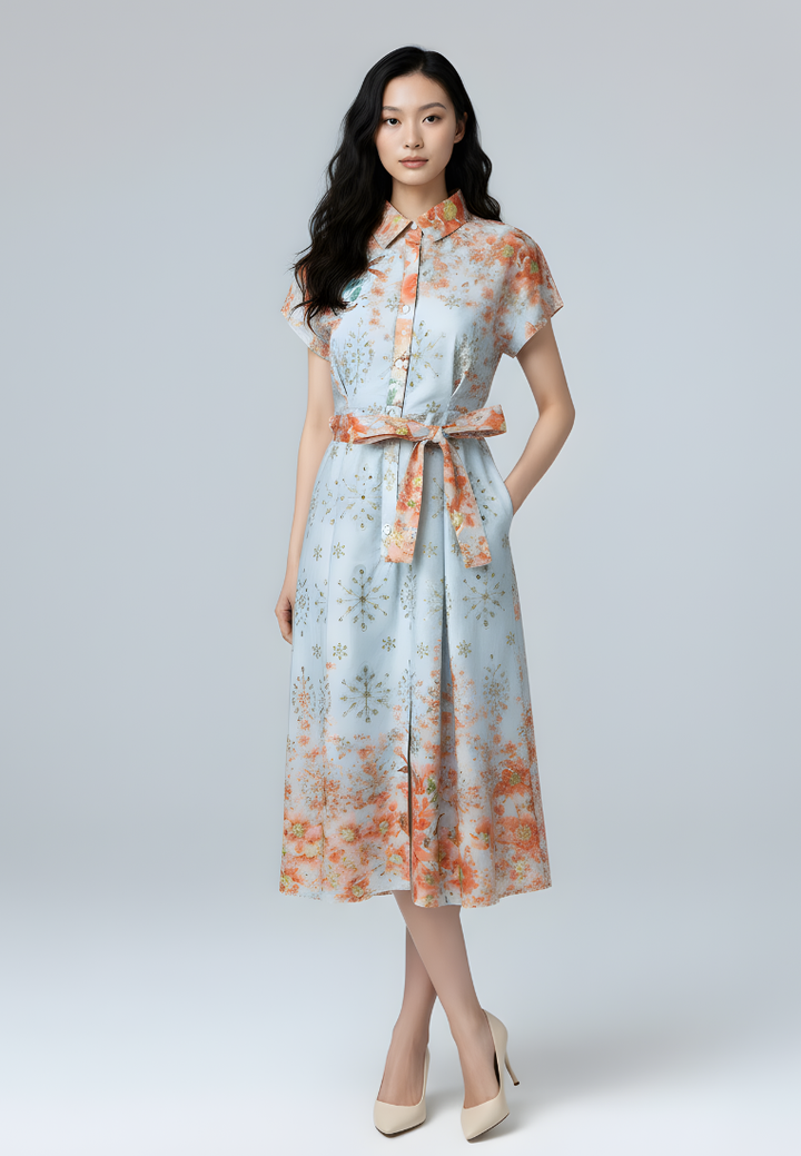 Camellia Cotton Eyelet Floral Prints Button Down A-line Collared Dress (Blue)