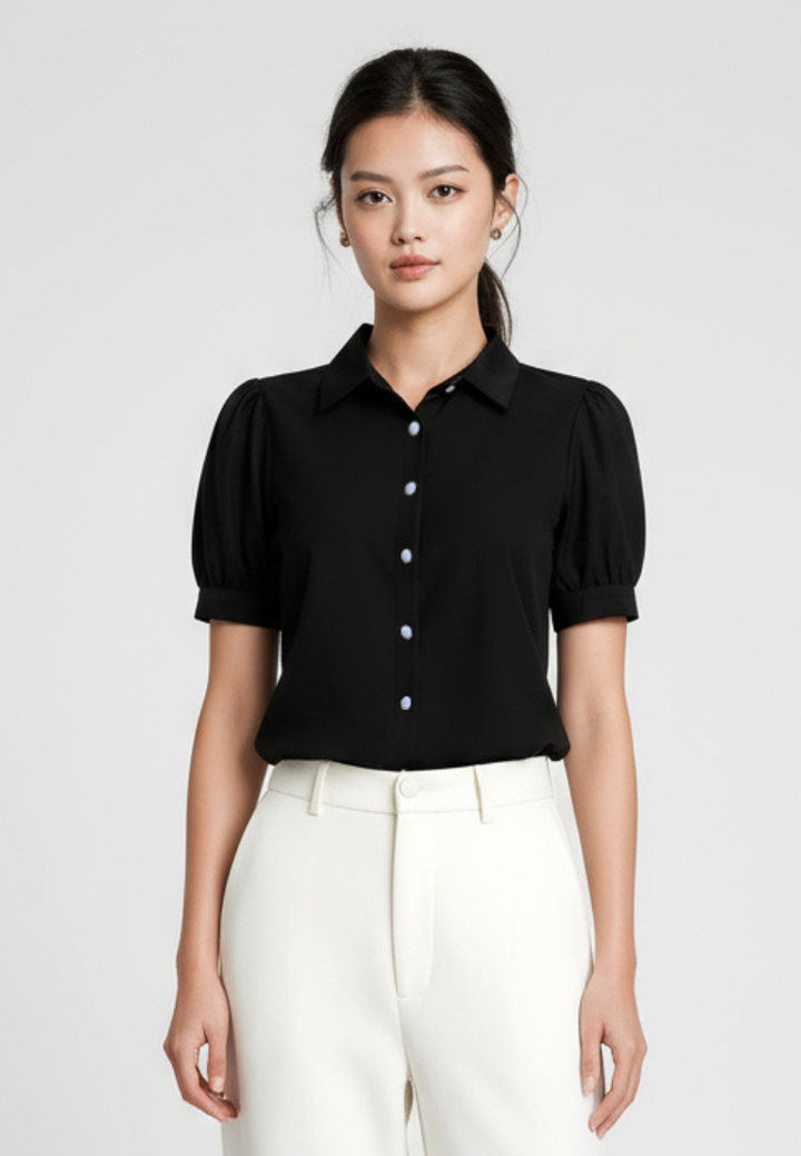 Mira Puff Sleeve Cropped Shirt Top (Black)