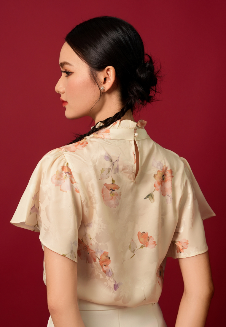 Violetta Ruffle High Neck Silky Floral Top (Yellow)