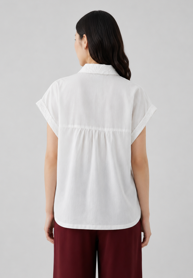 Phoebe Cotton Embroidered Scalloped Hem Button Down Shirt (White)