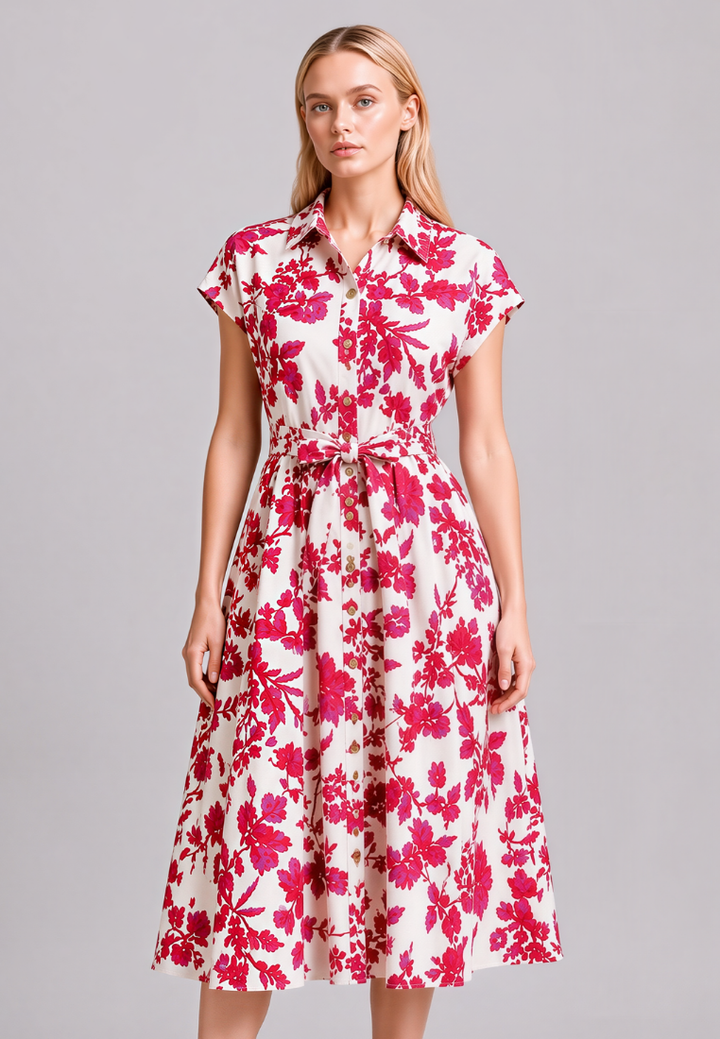 Lila Floral Print Collar Button Down Dress (Pink)