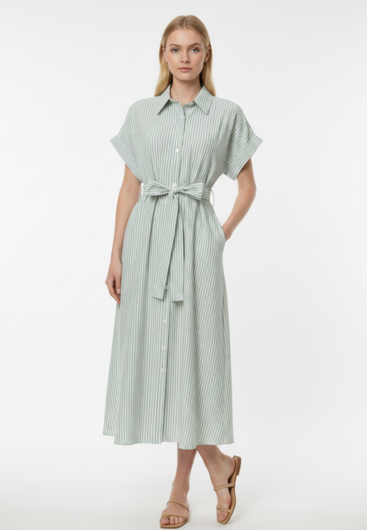 Diana Striped Tie Waist Button Down Midi Dress (Green)