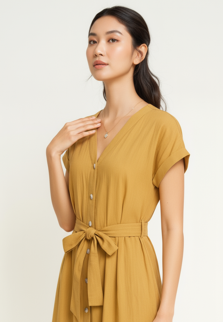 Allara Puff Sleeve Button Down Midi Dress (Yellow)