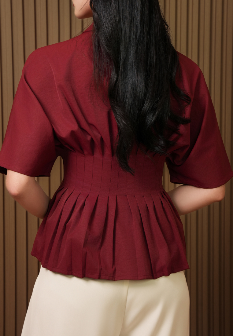 Clarissa Clinched Waist Pleated Collared Button Down Top (Burgundy)