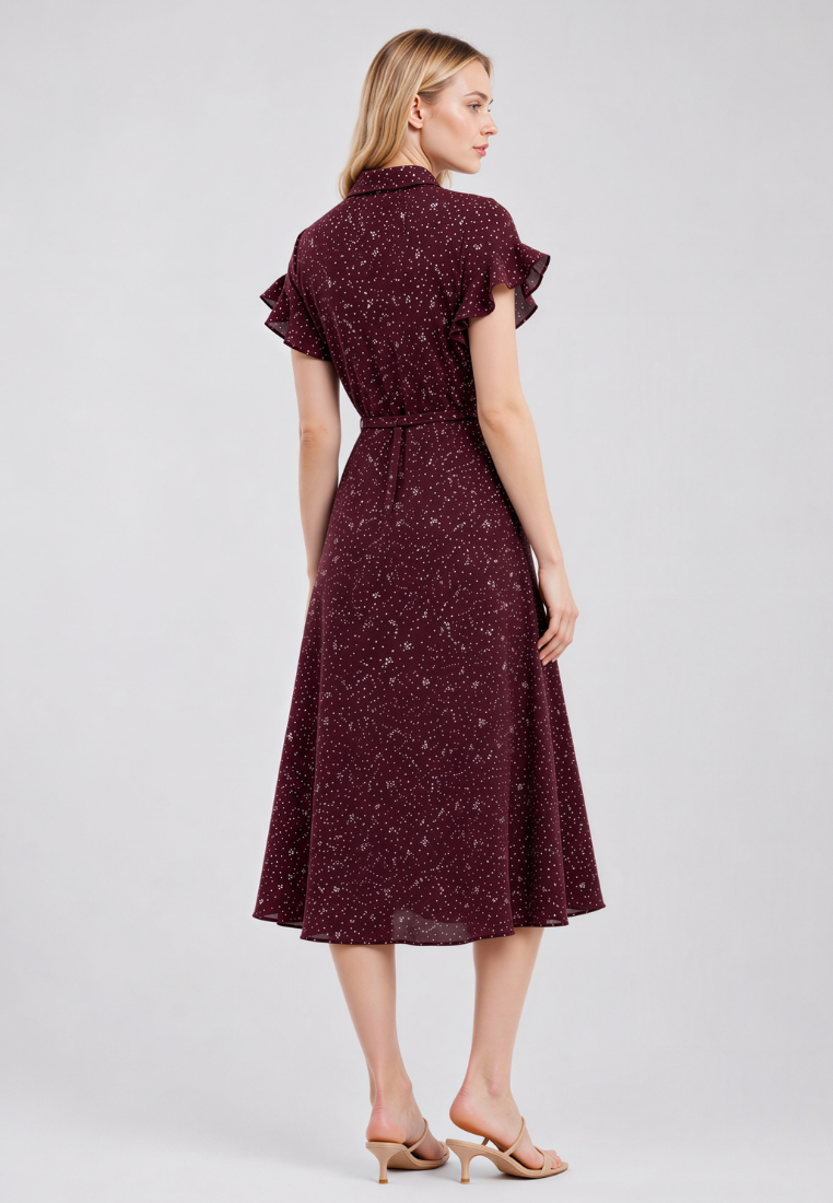 Linnea Floral Ruffle Sleeve With Tie Waist Midi Dress (Burgundy)