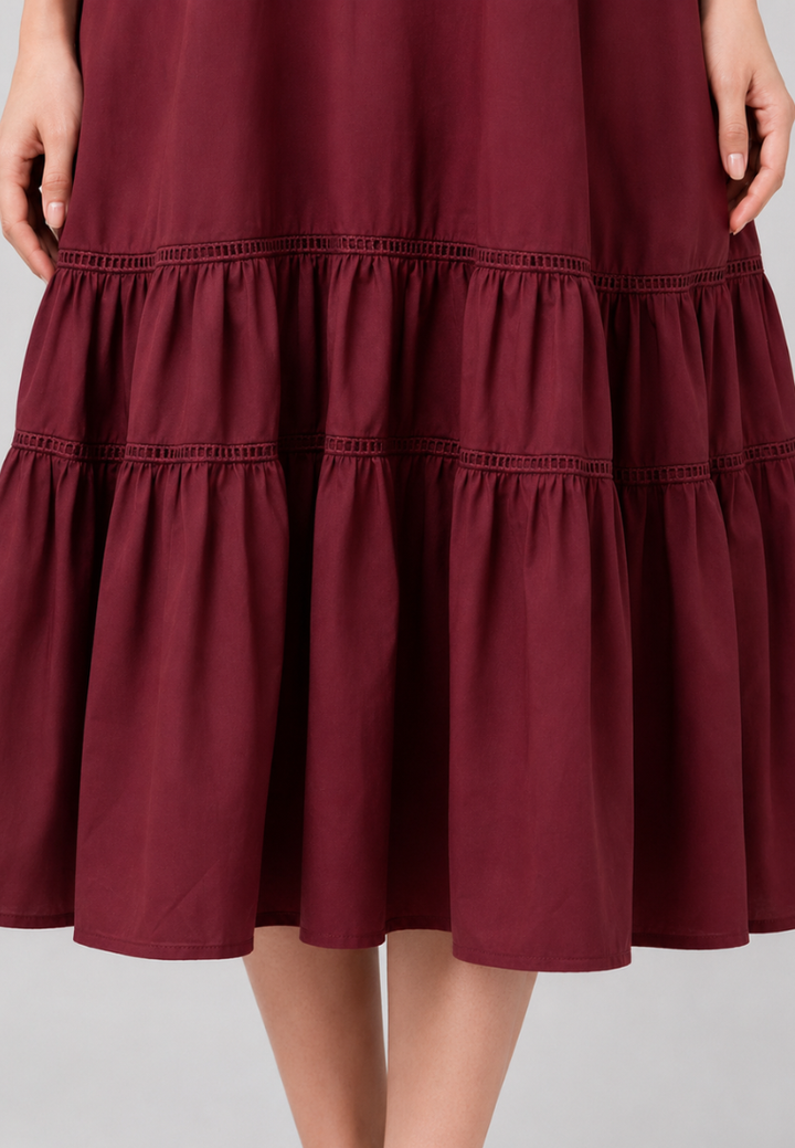 Adelina Ruffle Hem Midi Dress (Burgundy)