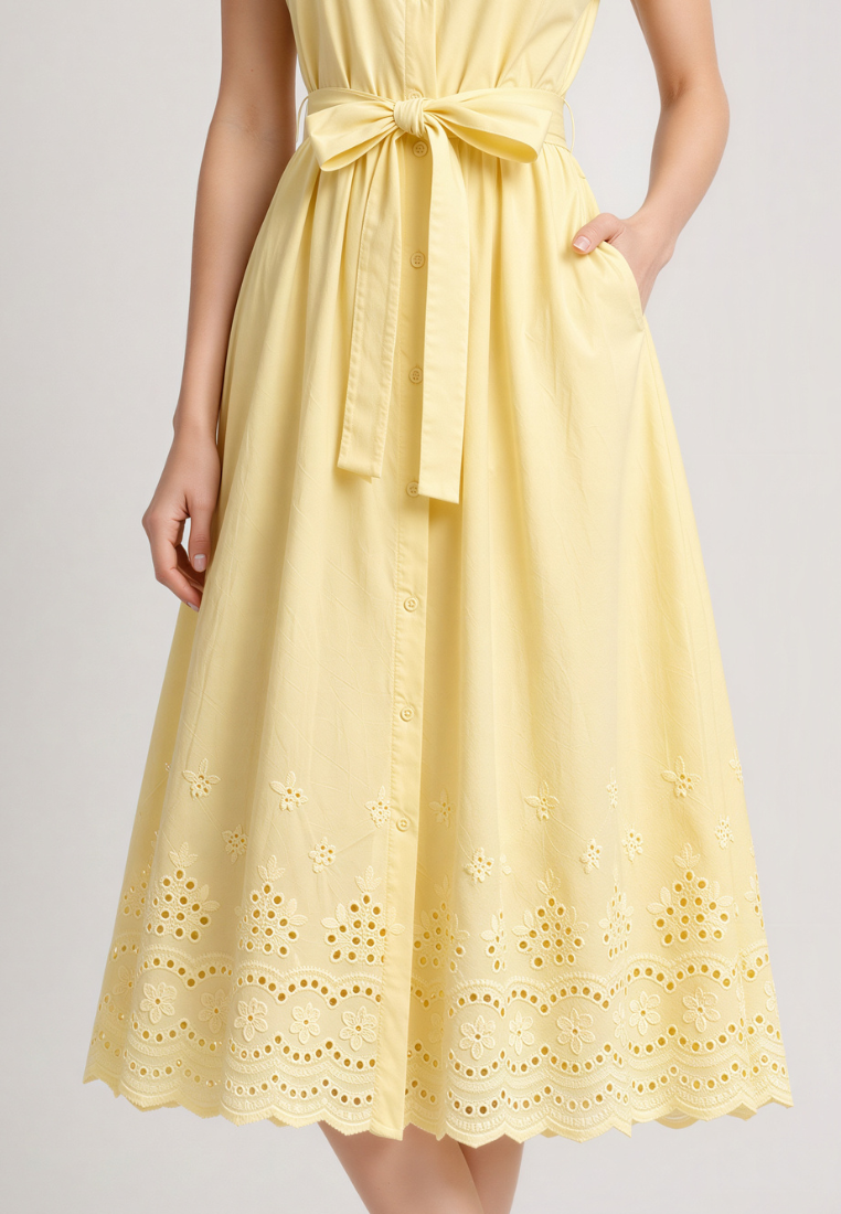 Love Knot Hazel yellow midi dress, front view showing button-down front and folded sleeves