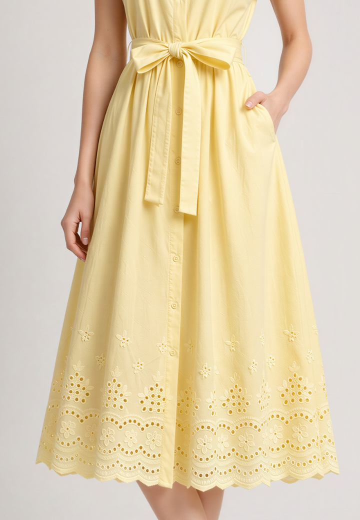 Love Knot Hazel yellow midi dress, front view showing button-down front and folded sleeves