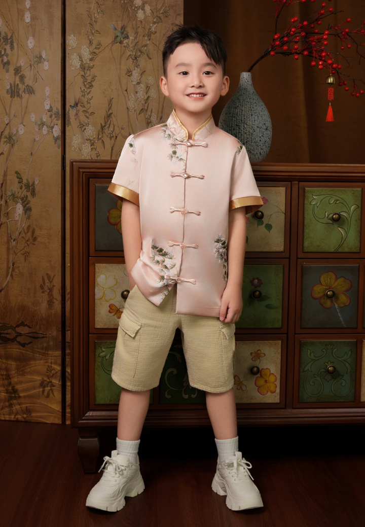 Little Jing Bonsai Embroidery Boy Samfu Top (Pink)