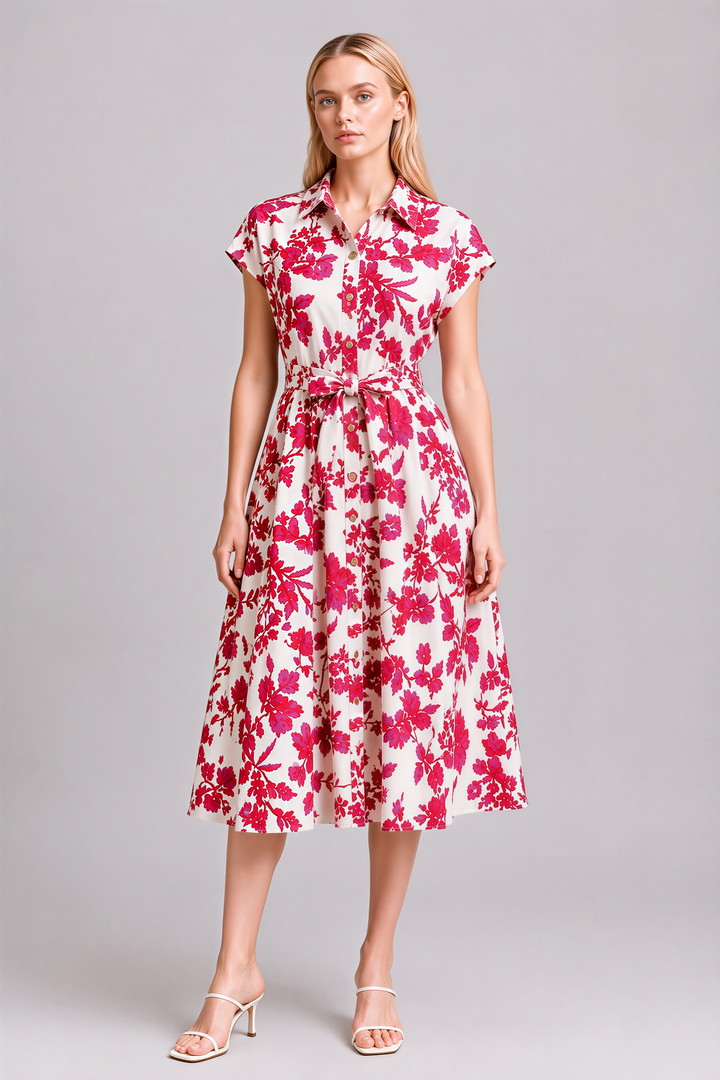 Lila Floral Print Collar Button Down Dress (Pink)