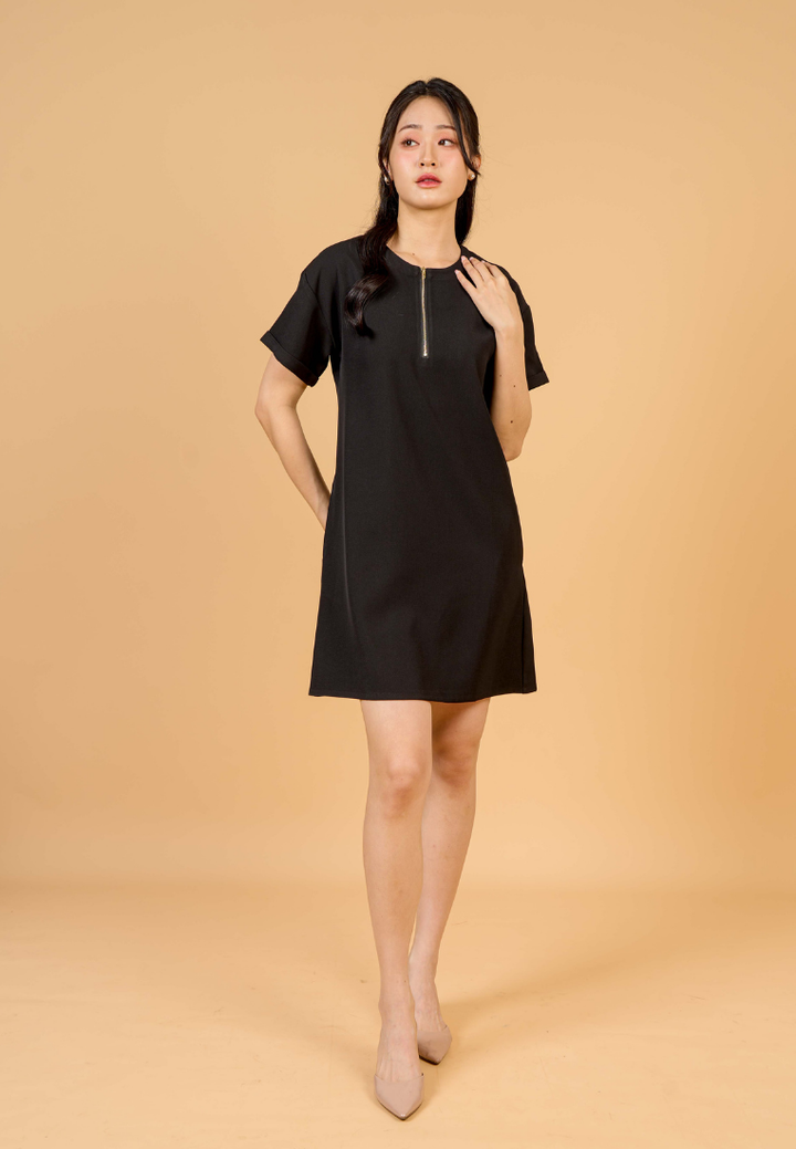 Rylee A-Line With Gold Zipper Dress(Black)