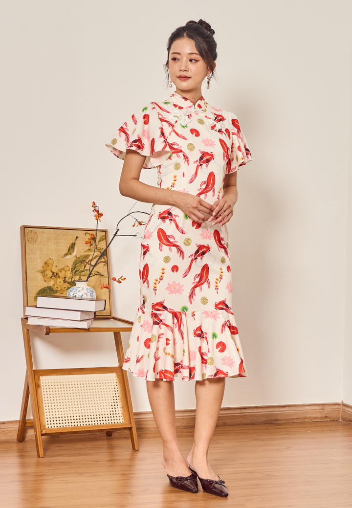 The Koi 锦鲤报喜 In-house Prints Ruffle Hem Cheongsam (White)