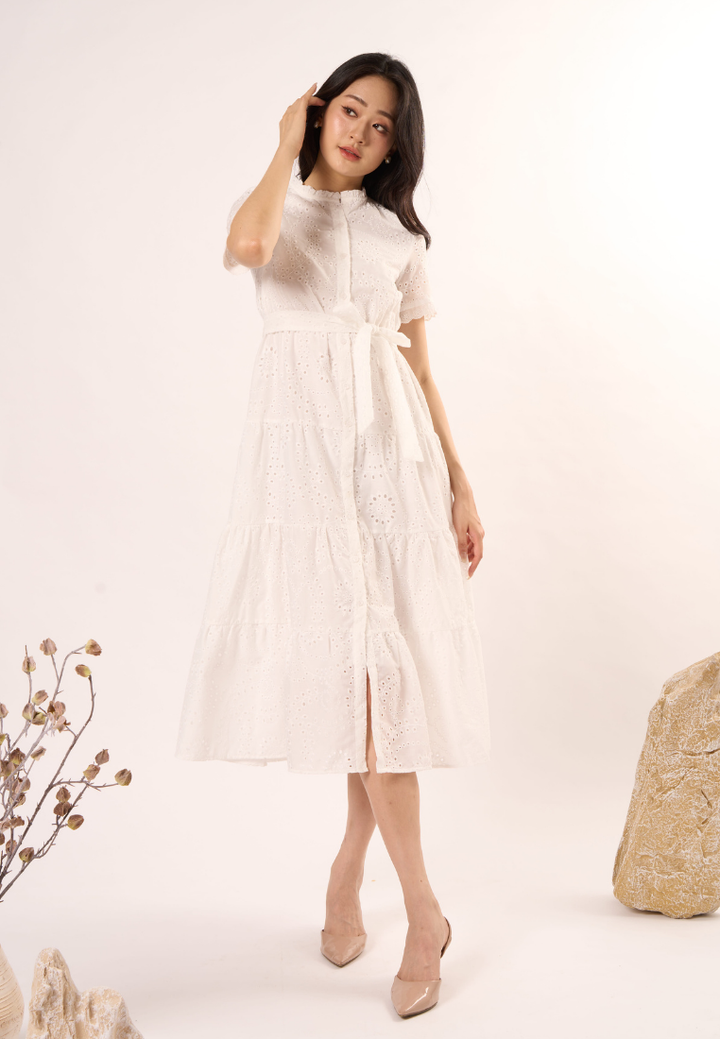 Elara Midi Eyelet Dress (White)