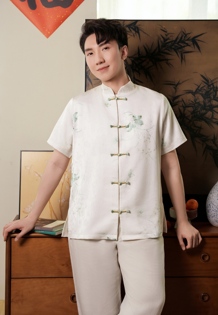 Yun Men’s Fortune Wings Silky Samfu Top (White)