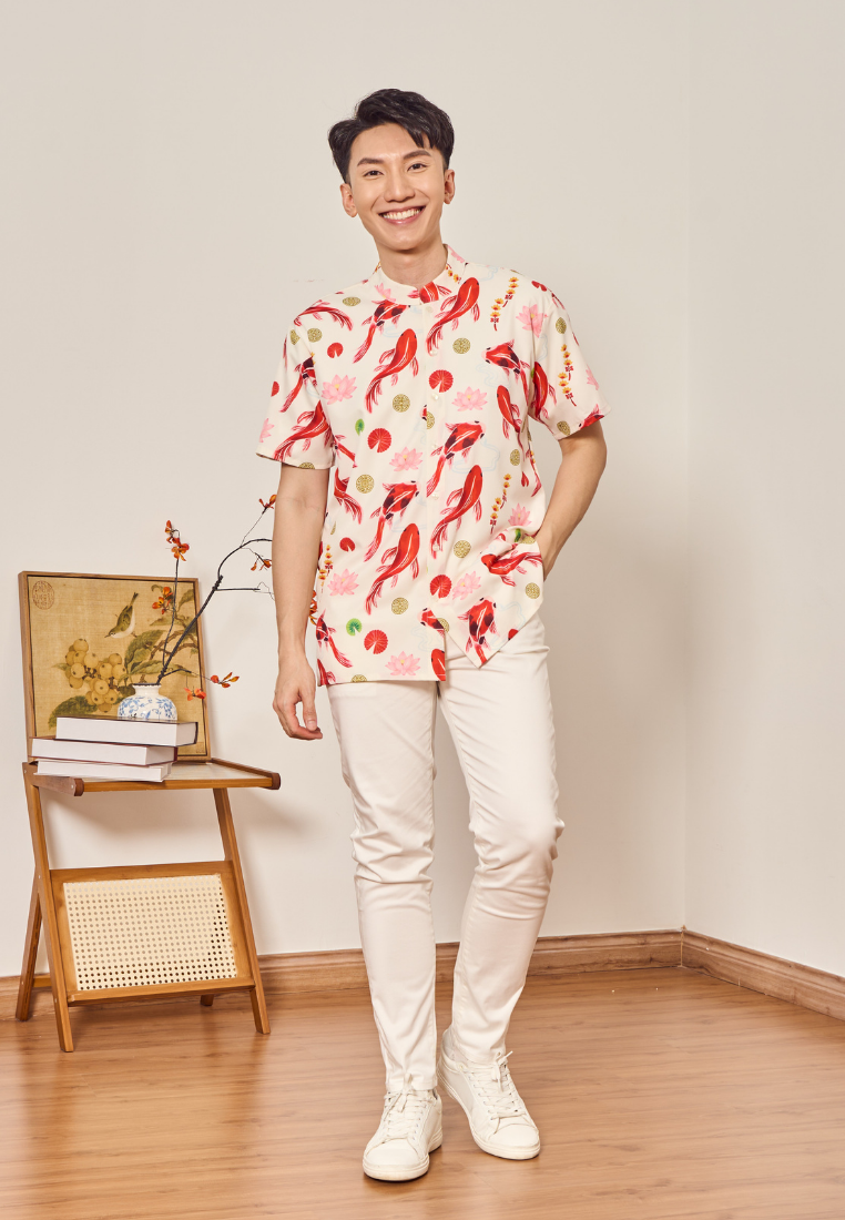 The Koi 锦鲤报喜 In-house Prints Men's Button Down Top (White)