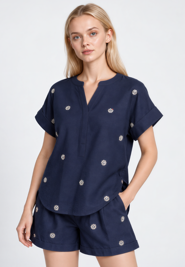 Emma Sequin Embellished V-Neck Cap Sleeve Top (Navy Blue)