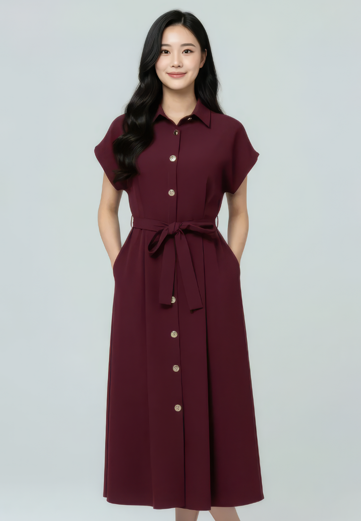 Dewi Collar Button Down Dress (Burgundy)