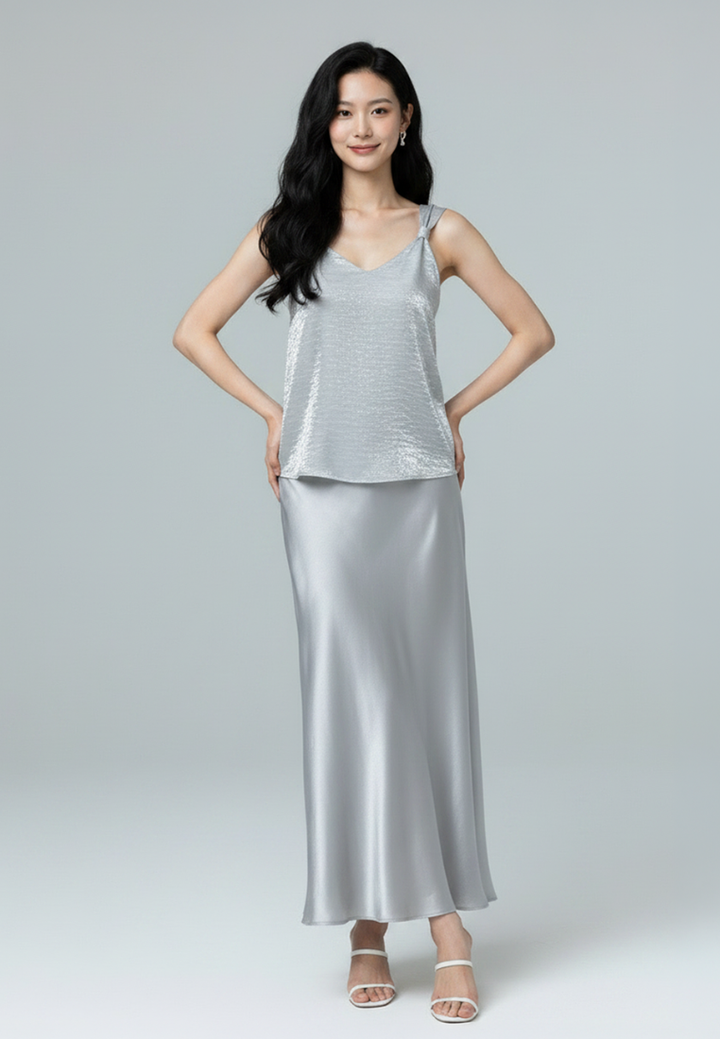 Remi Satin Flowy A-line Midi Skirt (Blue)