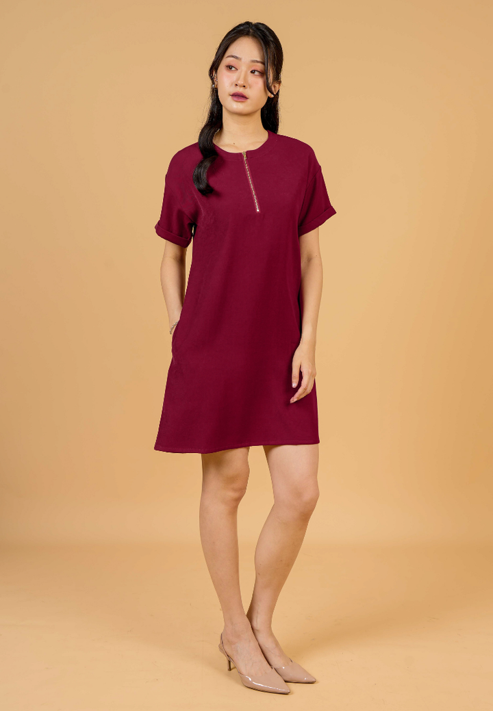 Rylee A-Line With Gold Zipper Dress(Red)