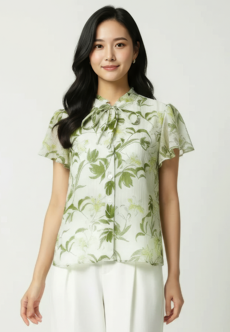 Liana Floral Prints Ruffle Collar With Petal Sleeve Top (Green)