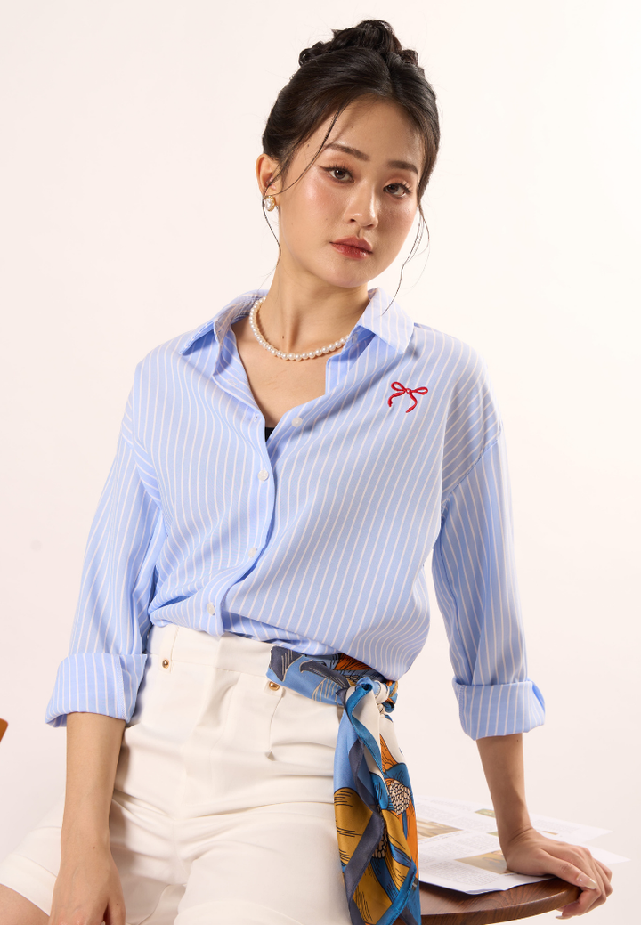 Victoria Striped Ribbon Shirt (Blue)