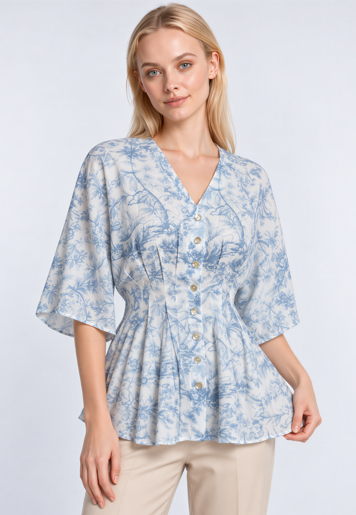 Josie Toile Prints V-Neck Cinched Waist Pleated Top (Blue)