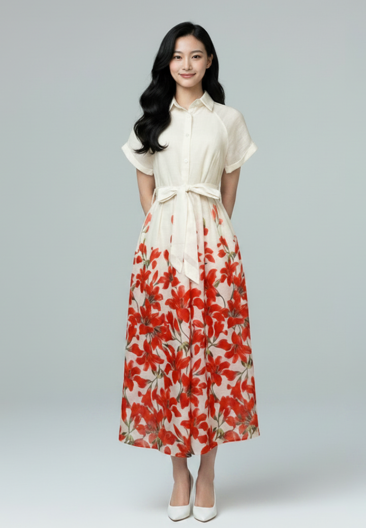 Coralie Floral Prints Tie Waist Button Down Collared Dress (Red)