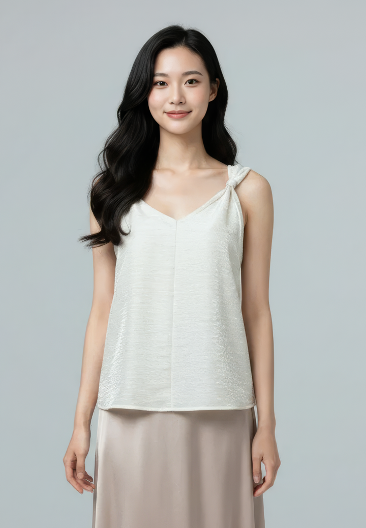 Lumi Satin Twisted Knot Sleeveless Blouse Top (Beige)