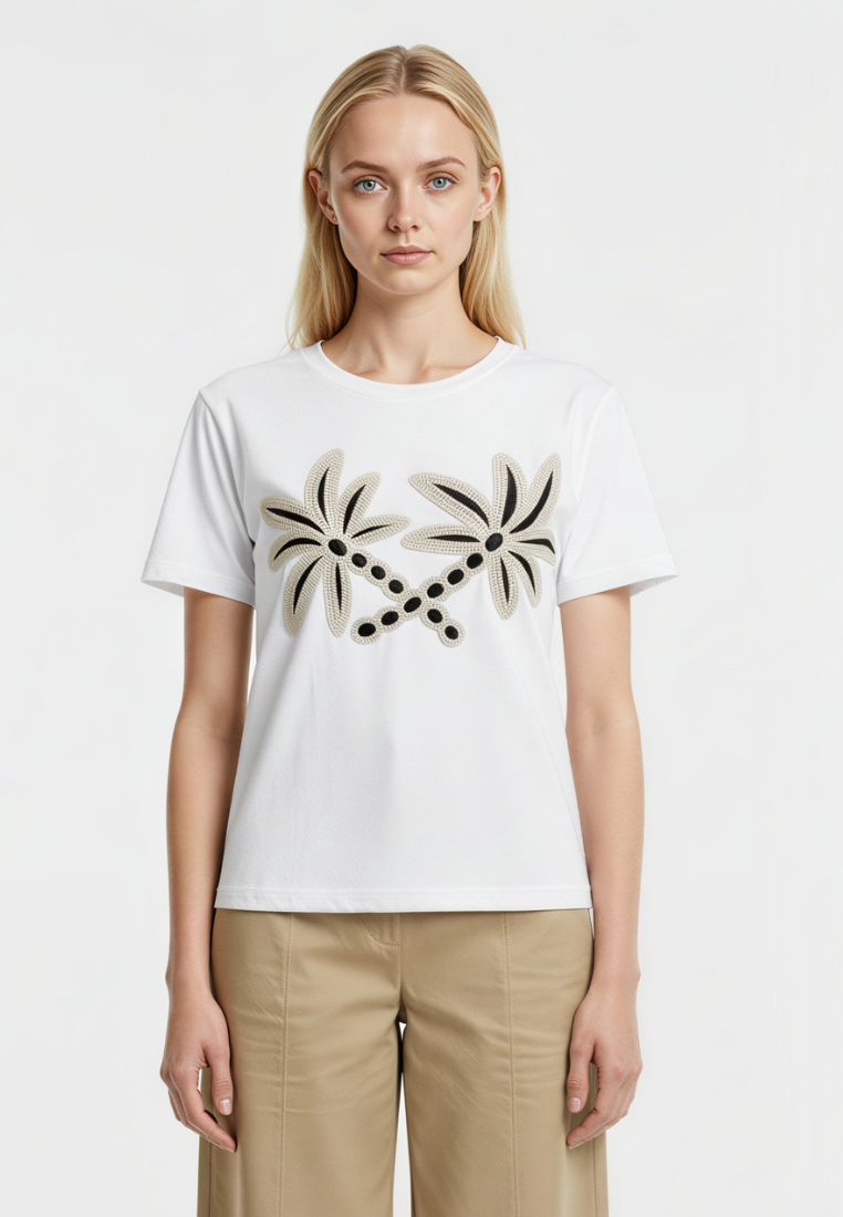 Livia Floral Applique Cotton T-Shirt (White)