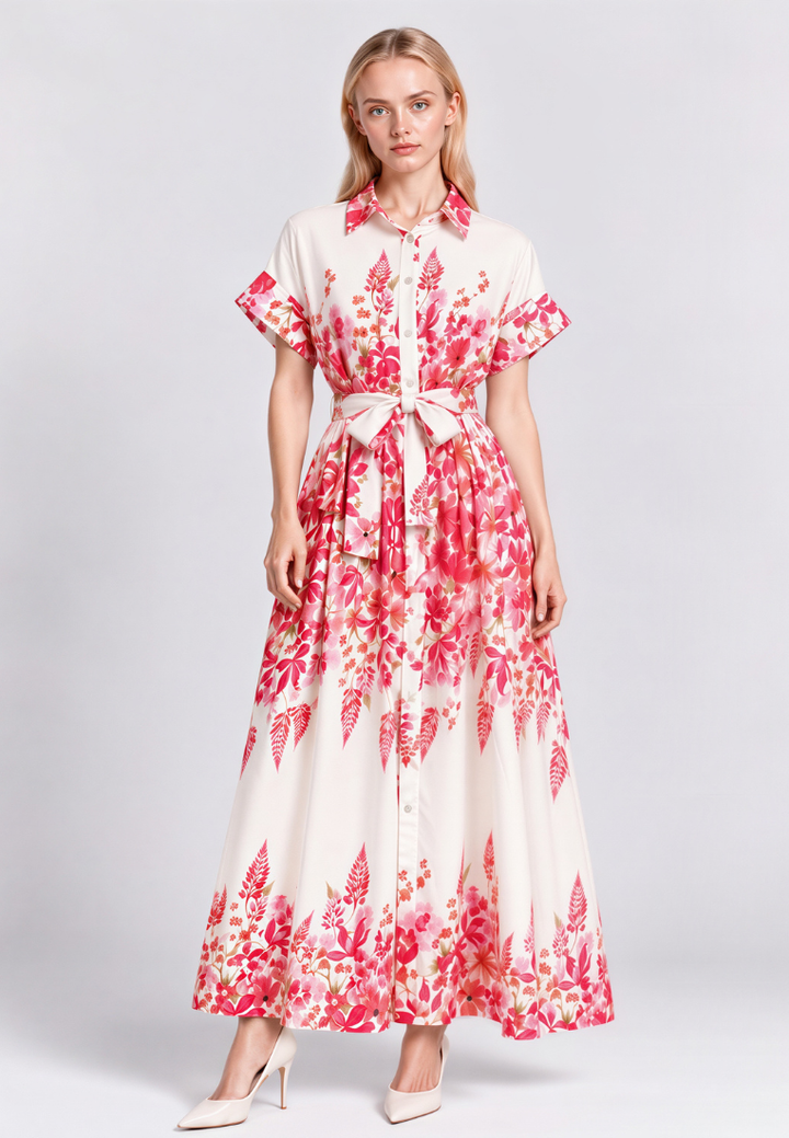 A woman modeling a long-sleeve, collared maxi dress with a white base and a vibrant pink and red floral print, styled with white heels against a light gray studio background.