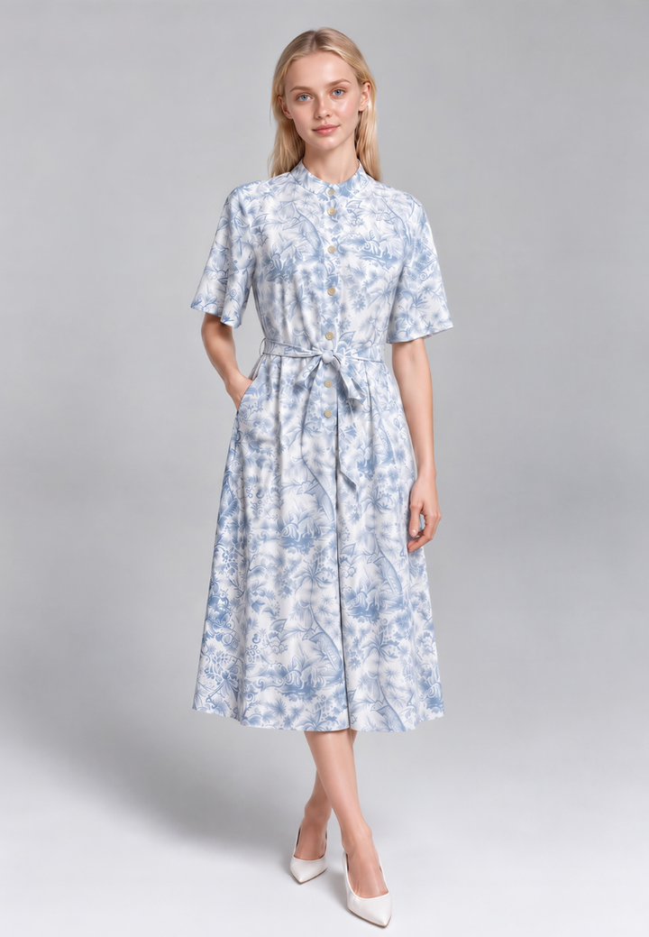 Josephine Toile Prints Mandarin Collar Flutter Sleeve Midi Dress (Blue)