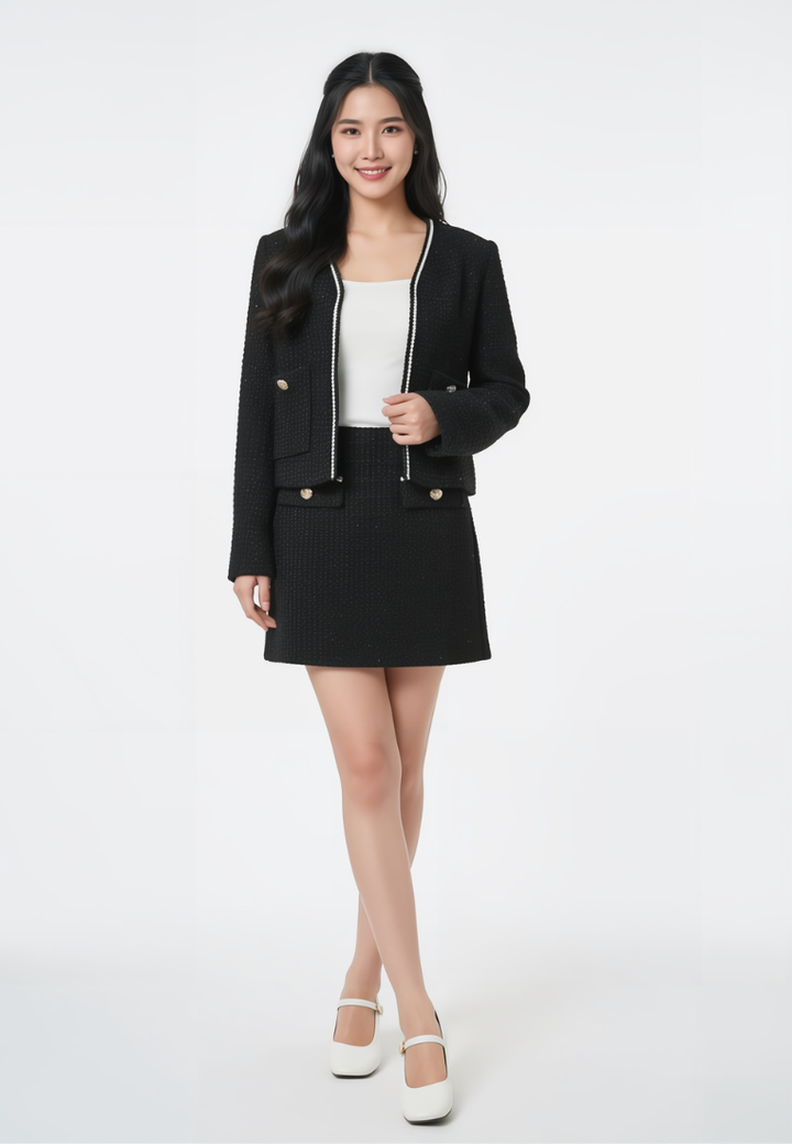 Amélie Pearl Trims with Gold Buttons Tweed Jacket (Black)