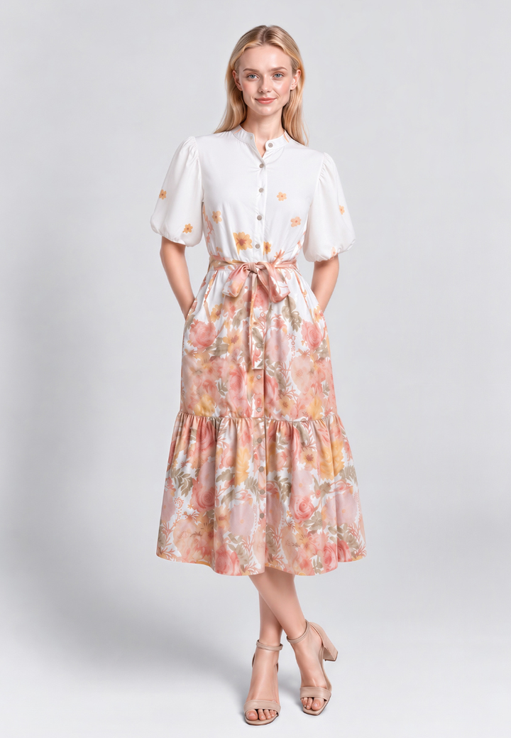 Helena Mandarin Collar Puff Sleeves Tiered Floral Midi Dress (Orange)