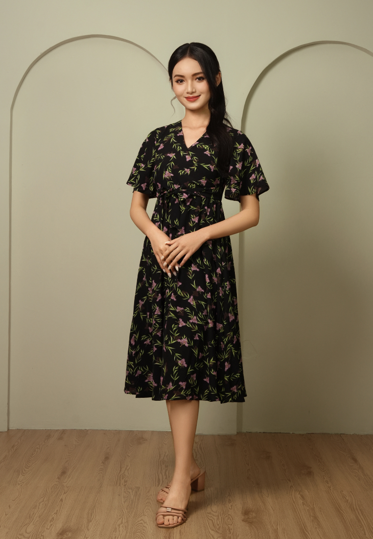 Lizavie Floral V-neckline Wrap Dress (Black)