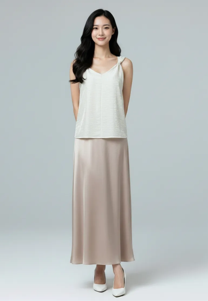 Remi Satin Flowy A-line Midi Skirt (Beige)