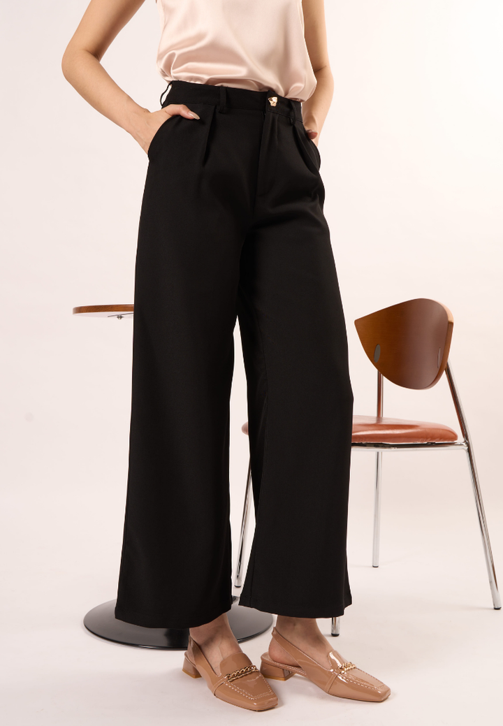 Eleanor Gold Button Wide Leg Pant (Black)