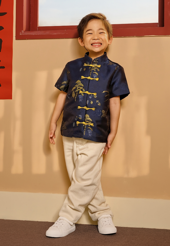 Fu An Ink Mountain Jacquard Boy Samfu Top (Navy)