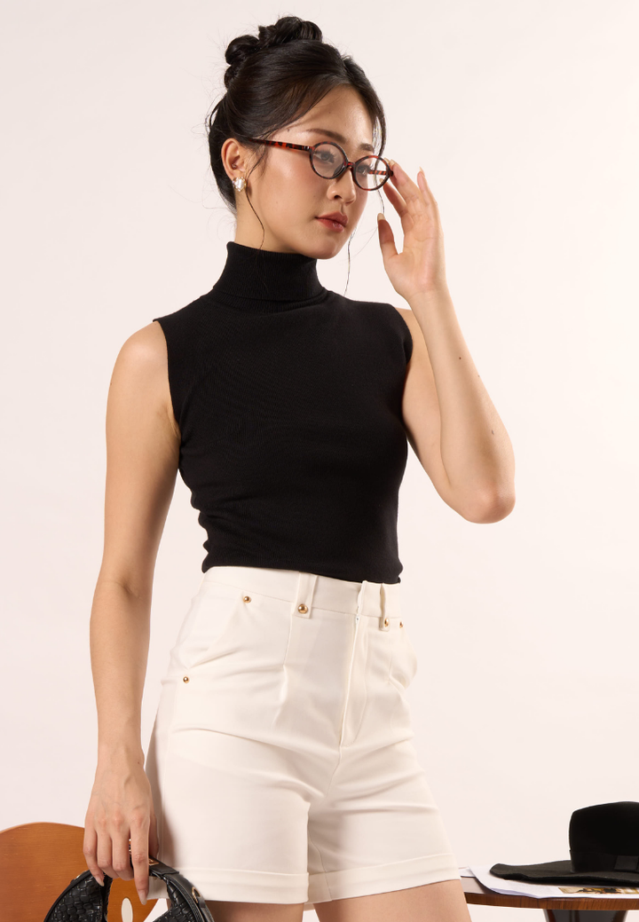 Doris High Collar Sleeveless Top (Black)