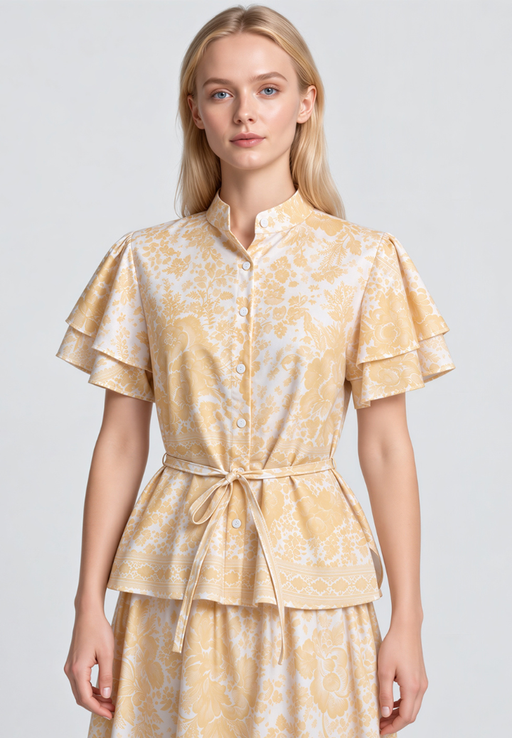 Beth Mandarin Collar Ruffle Sleeves Floral Top (Yellow)