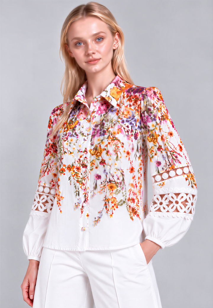 Noelle Floral Prints Button Down Collared Shirt (White)