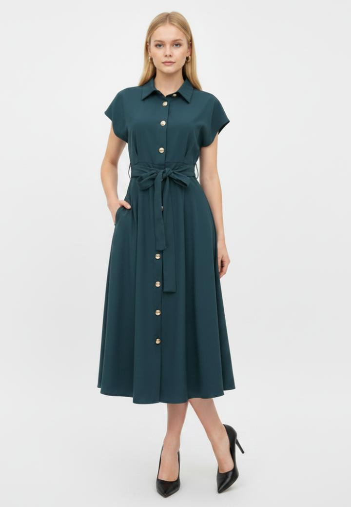 Dewi Collar Button Down Dress (Emerald Green)