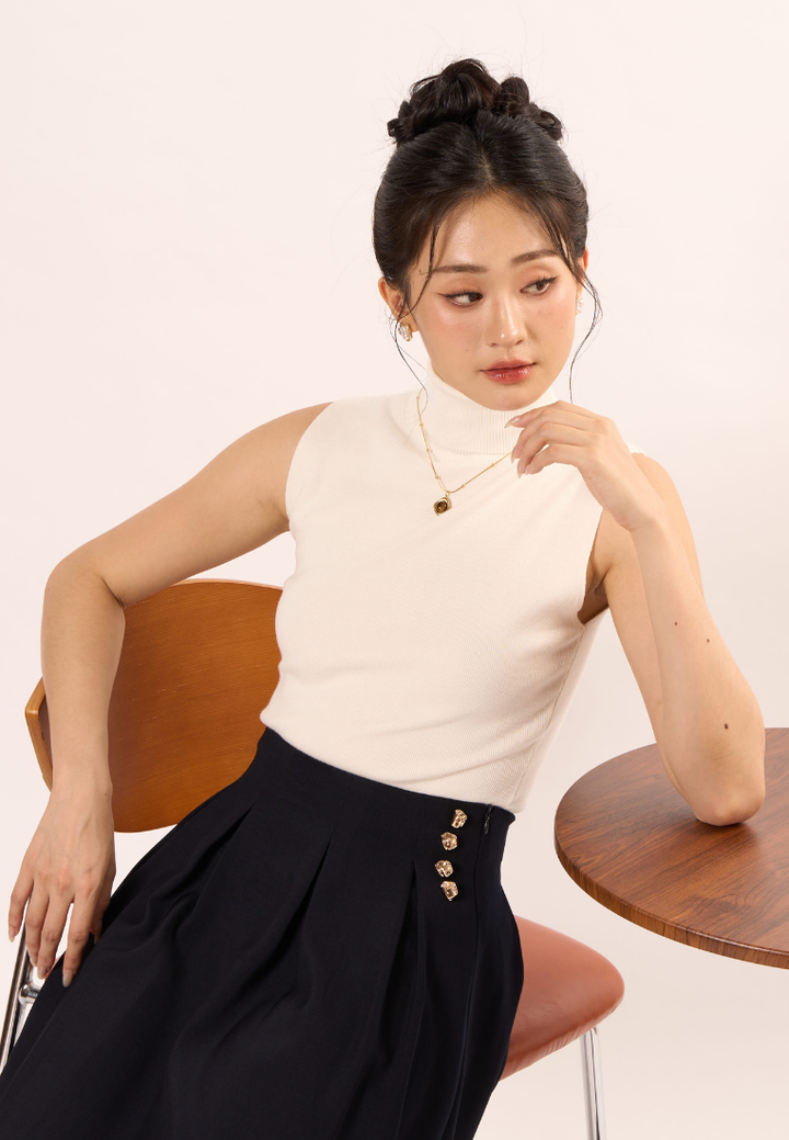 Doris High Collar Sleeveless Top (White)