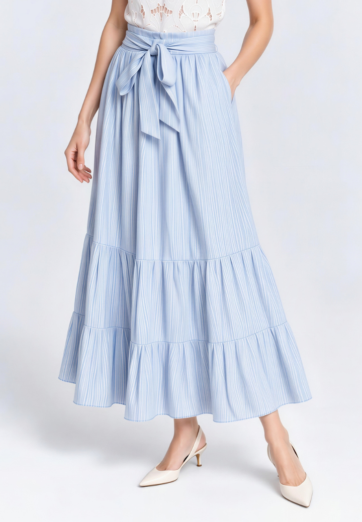 Lily Crinkle Prints Tie Waist Tiered Maxi Skirt (Blue)