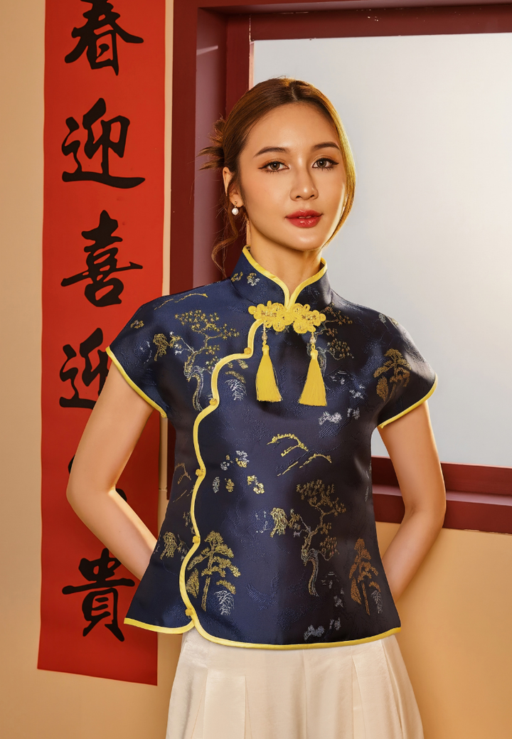 Jin Xin Ink Mountain Jacquard Scallop Cheongsam Top (Navy)