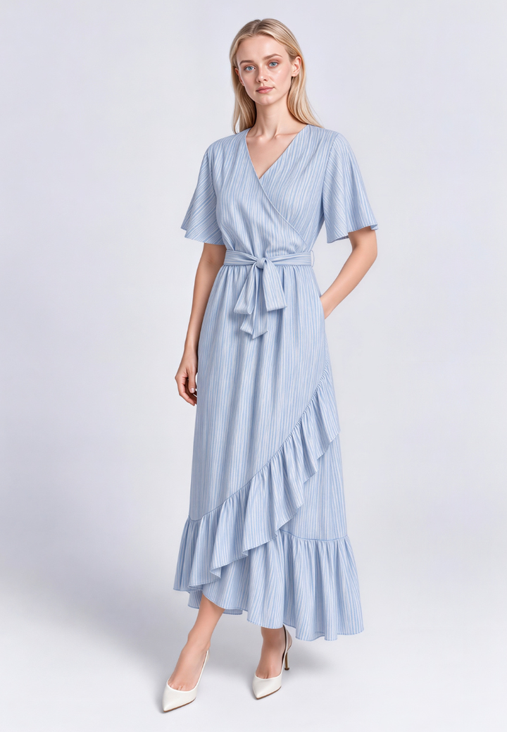 Lillian Crinkle Prints Wrap V-Neck Flutter Sleeve Maxi Dress (Blue)
