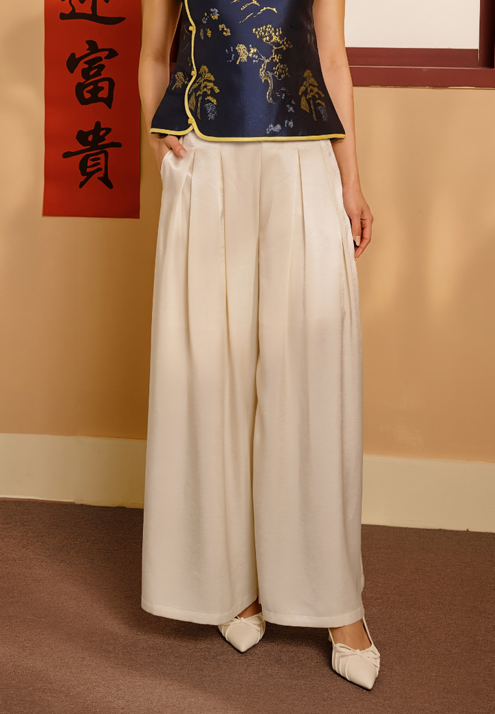 Jin Yan Satin Wide-Leg Trouser Pants (White)