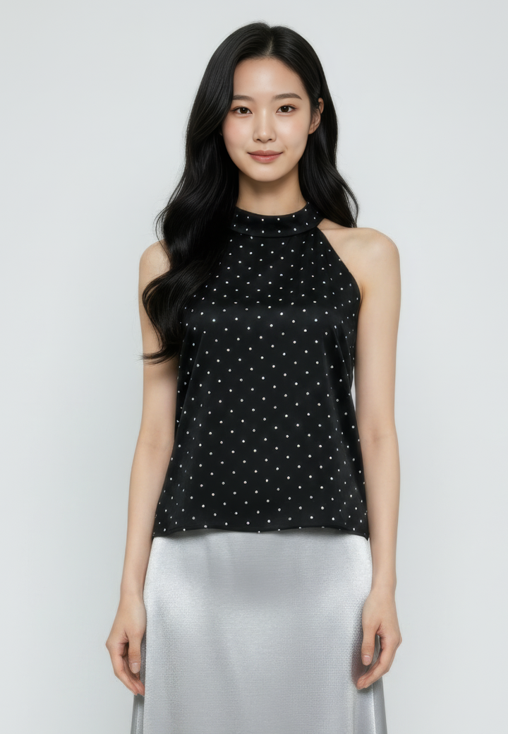 Yumi Satin Polka Dot Halter-Neck With Self Tie Ribbon Top (Black)