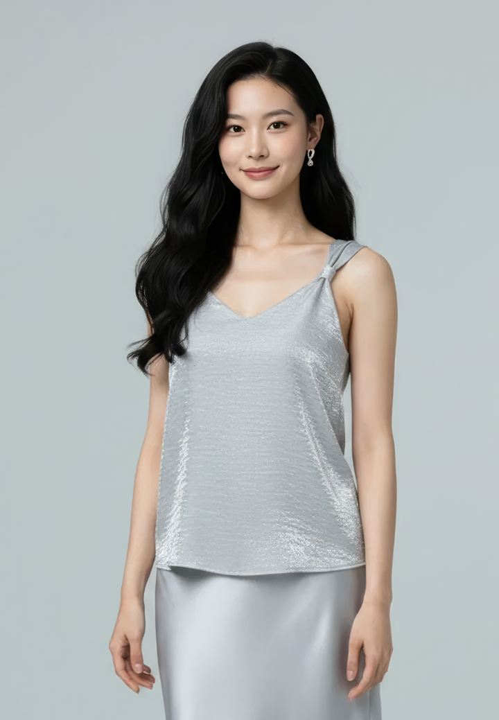 Lumi Satin Twisted Knot Sleeveless Blouse Top (Blue)